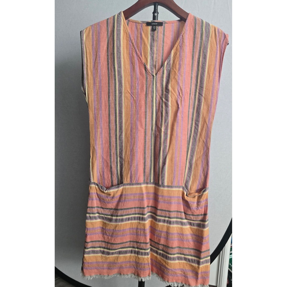 DREW Striped‎ V Neck Cap Sleeve Dress Pink Orange Purple Yellow Fringe XS Linen